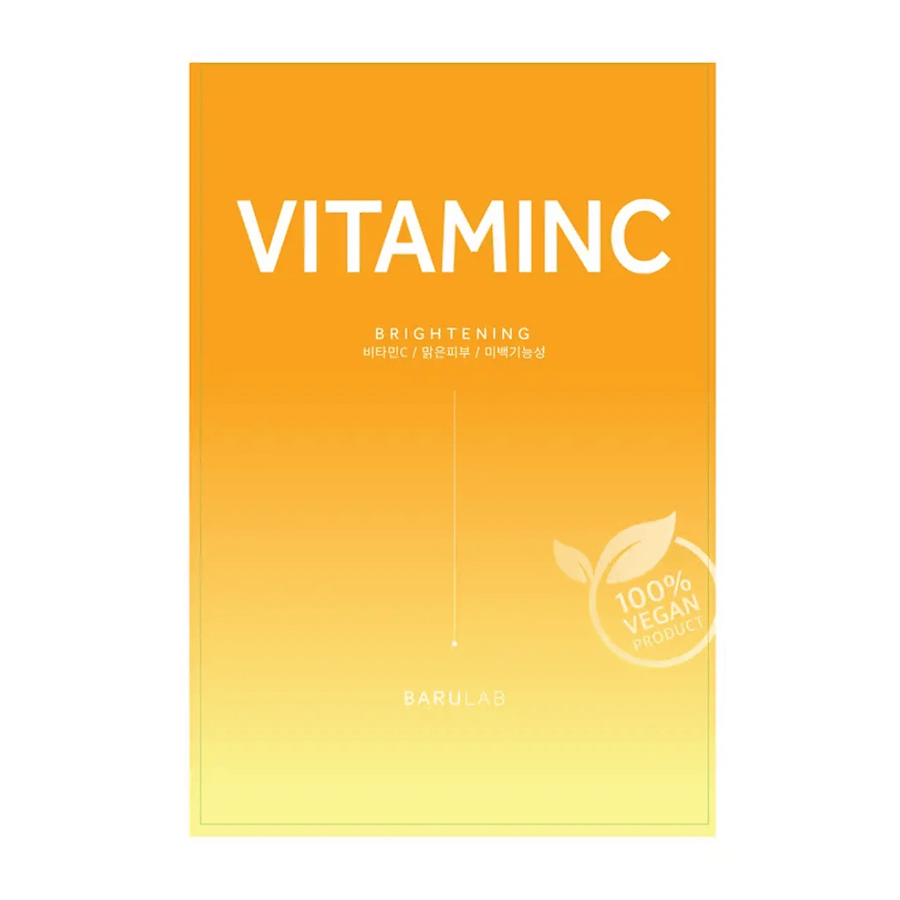 En förpackning av BARULAB "VITAMINC Brightening" mask, märkt som "100% Vegan Product". Förpackningen har en färggradient från orange i toppen till ljusgul i botten.