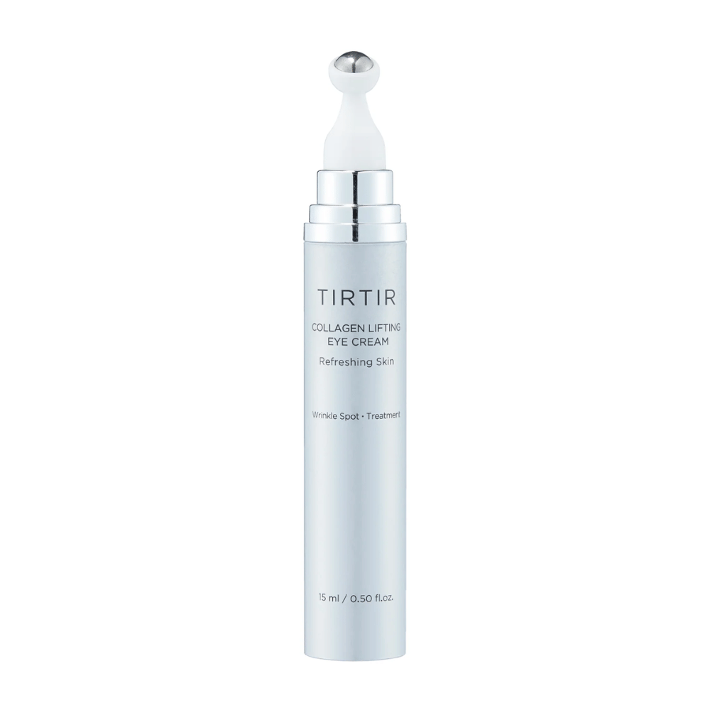 Tub med TIRTIR Collagen Lifting Eye Cream mot en ren bakgrund, utformad för uppfräschande hudvård.