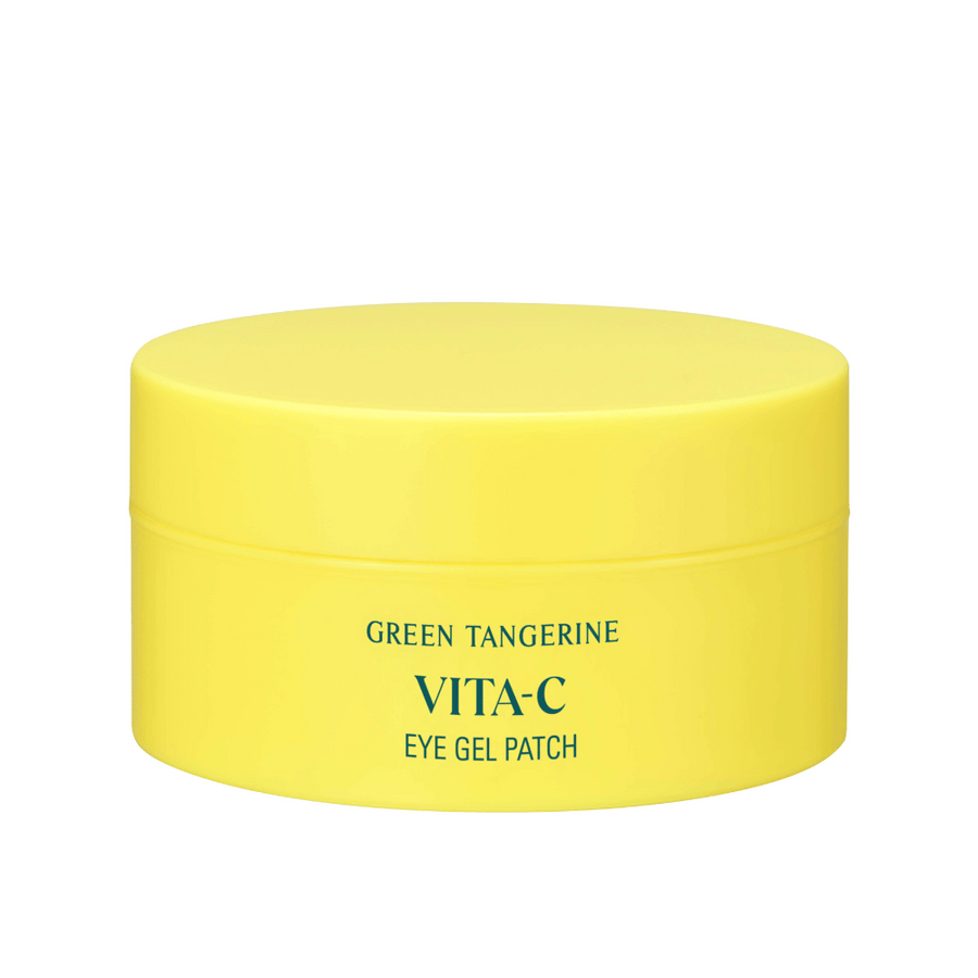 En gul burk märkt "GREEN TANGERINE VITA-C EYE GEL PATCH" troligen ögonmasker som innehåller vitamin C.