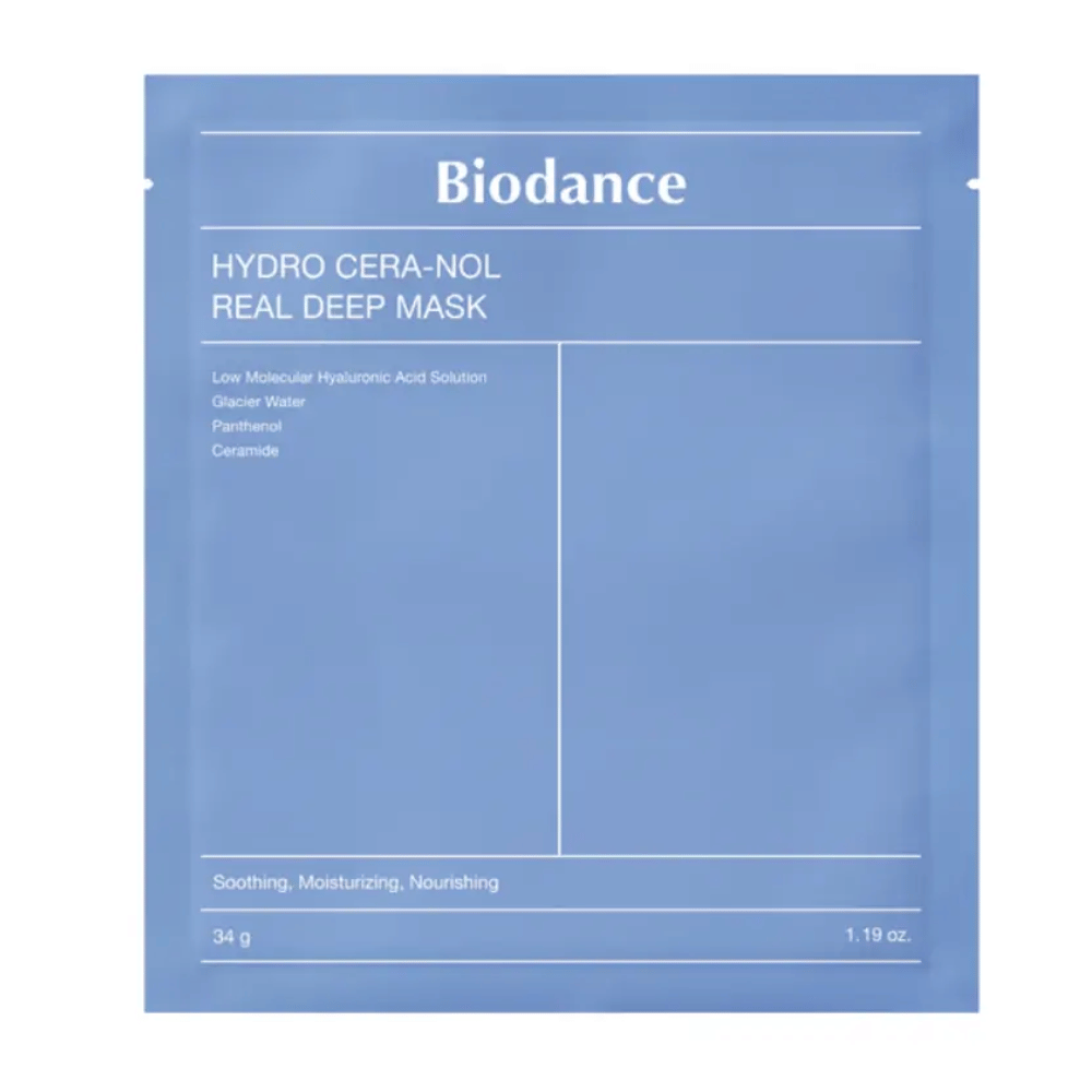 Förpackningen visar "Biodance Hydro Cera-Nol Real Deep Mask". Det är en lugnande, återfuktande och närande ansiktsmask innehållande lågmolekylär hyaluronsyra, glaciärvatten, pantenol och ceramider. Designen är enkel i en lugnande blå färgton.