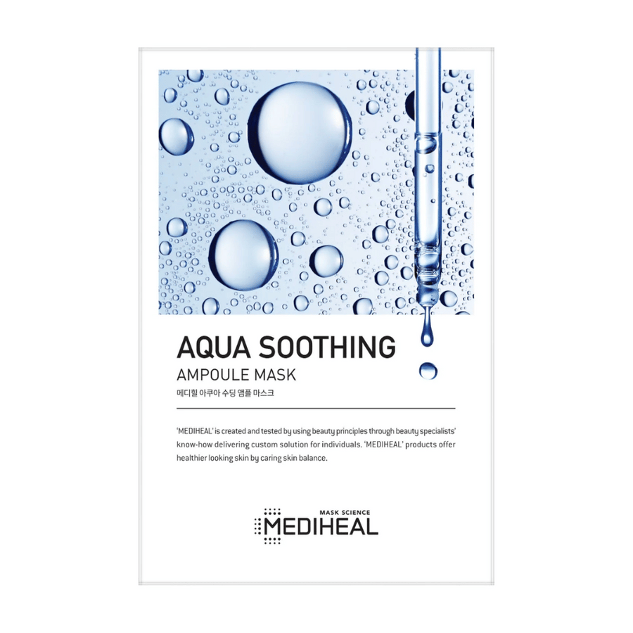 En förpackning av MEDIHEAL AQUA SOOTHING AMPOULE MASK med en grafisk bild av vattendroppar och en pipett som släpper en droppe, allt mot en vit bakgrund. Varumärkeslogotypen för MEDIHEAL är synlig i nedre delen av bilden.