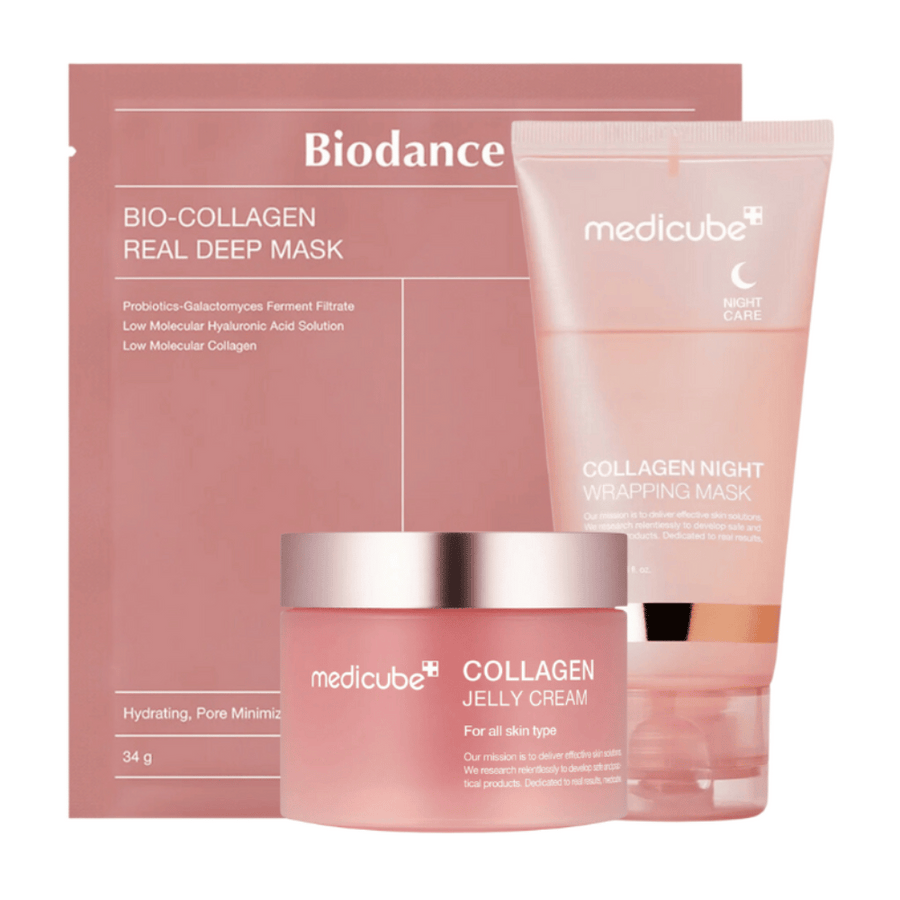 Produktsetet "Sweet Dreams Skincare" från Medicube, designat för att förbättra hudens fasthet och lyster under natten. Det inkluderar "Collagen Jelly Cream", "Collagen Night Wrapping Mask" och "Bio-Collagen Real Deep Mask". Dessa produkter är berikade med kollagen, probiotika och hyaluronsyra, och är avsedda att återfukta och minimera porer, vilket ger en mjuk och smidig hud.