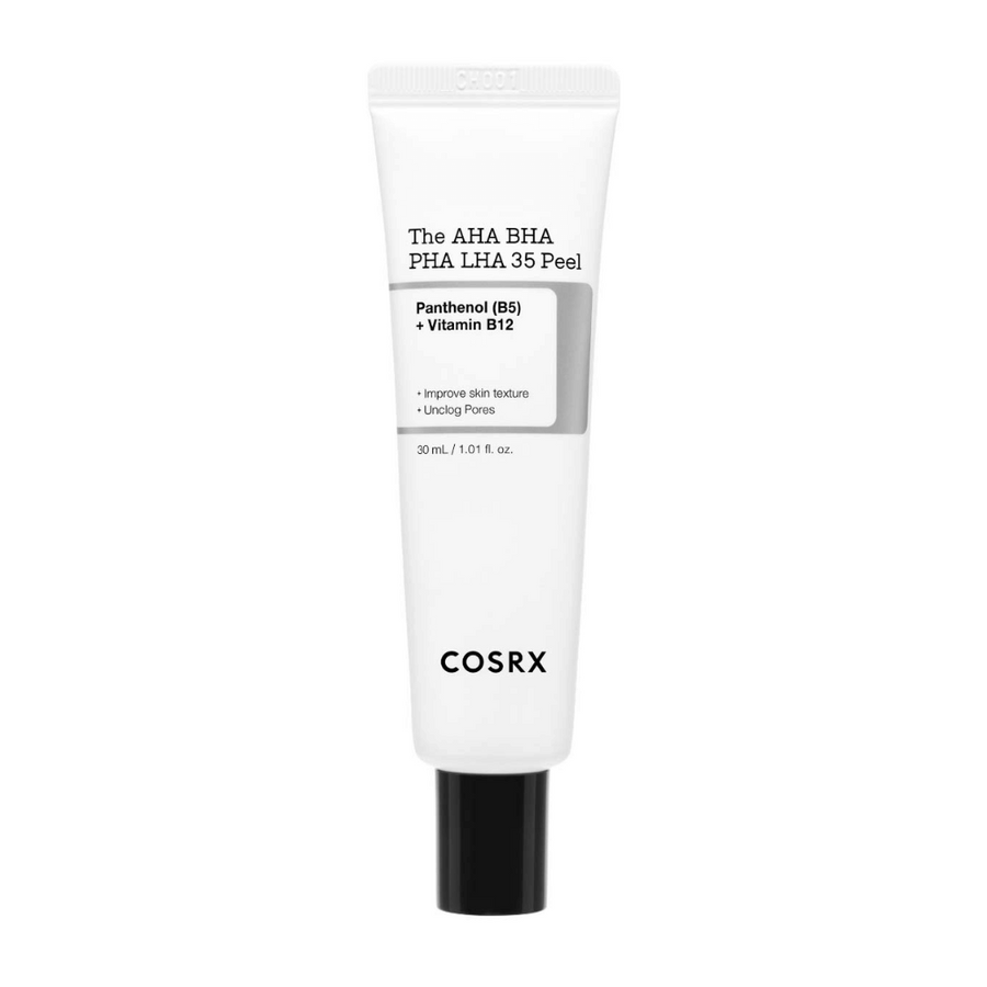 COSRX AHA BHA PHA LHA 35 Peel, en exfolierande produkt med panthenol (B5) och vitamin B12. Förbättrar hudens textur och rensar tilltäppta porer. Innehåll: 30 ml.