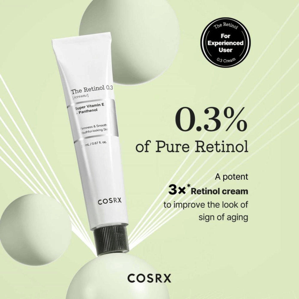 COSRX The Retinol 0.3 Cream innehåller 0,3% ren retinol för att effektivt förbättra hudens fasthet och släta ut fina linjer. Berikad med super vitamin E och panthenol, ger den fukt och näring till huden. Idealisk för erfarna användare, är detta en kraftfull kräm som bekämpar ålderstecken och ger en ungdomlig lyster.