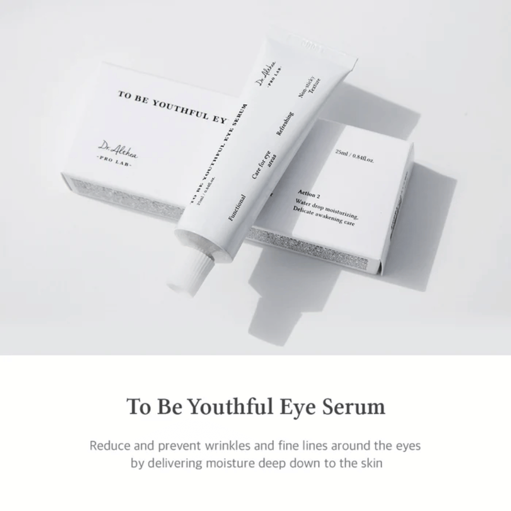 Bild av Dr. Altheas "To Be Youthful Eye Serum" med en vit tub och förpackning. Produkten ska reducera och förhindra rynkor och fina linjer kring ögonen genom att leverera fukt djupt ner i huden. Texten beskriver produktens egenskaper och fördelar, inklusive fuktgivande och uppfriskande egenskaper.