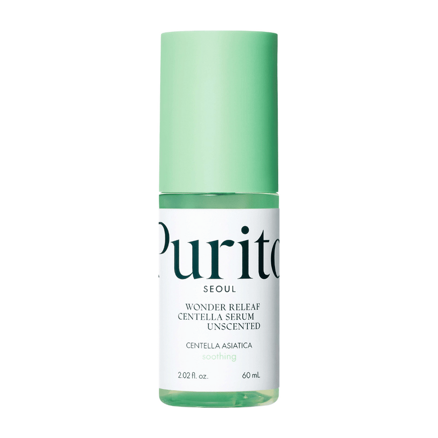 Stängd flaska av Purito Wonder Releaf Centella Serum, doftfri, mot en vit bakgrund.