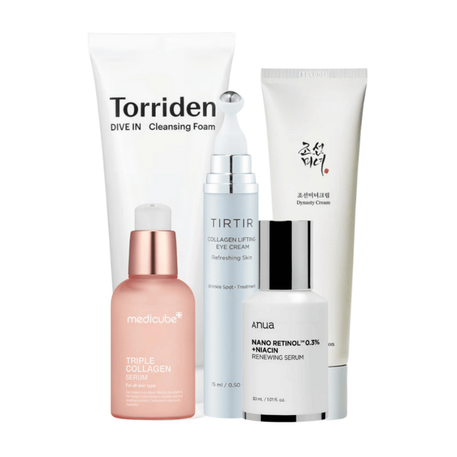 Detta set, "Youthful Radiance Anti-Aging Kit", inkluderar en mängd hudvårdsprodukter för att återuppliva och vårdar mogen hud. Setet innehåller Torriden Dive In Cleansing Foam, Tirtir Collagen Lifting Eye Cream, Medicube Triple Collagen Serum och Anua Nano Retinol 0.3% + Niacin Renewing Serum tillsammans med Beauty of Joseon Dynasty Cream.