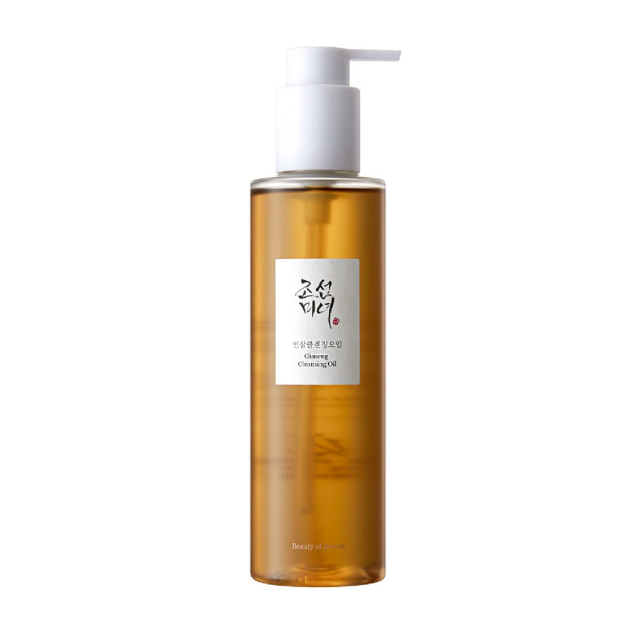 En flaska Beauty of Joseon Ginseng Cleansing Oil 210ml på vit bakgrund, med ginseng-fröolja.