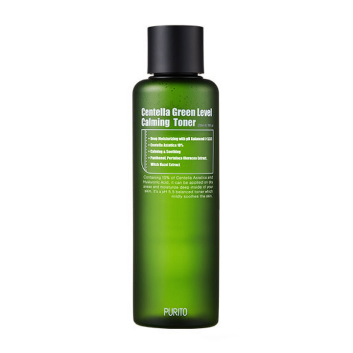 En PURITO Centella Green Level Calming Toner 200ml flaska på vit bakgrund.