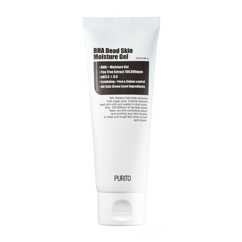 En tub PURITO BHA Dead Skin Moisture Gel 100ml på vit bakgrund.