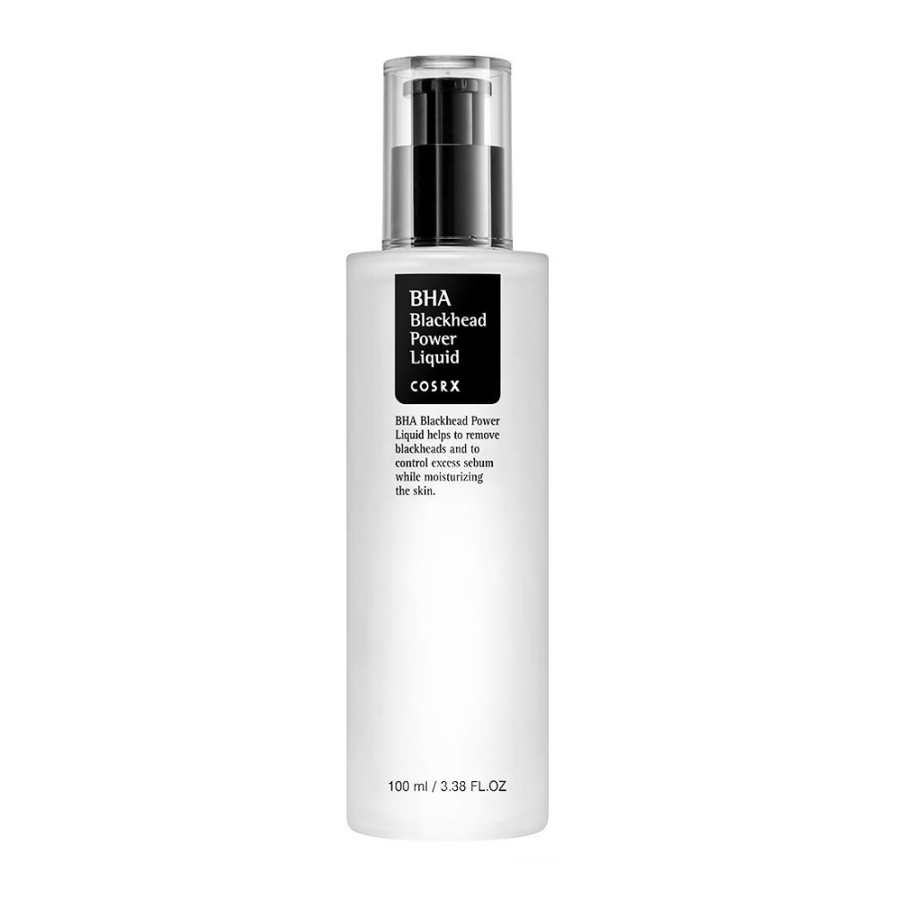 En flaska COSRX BHA Blackhead Power Liquid 100ml på vit bakgrund.