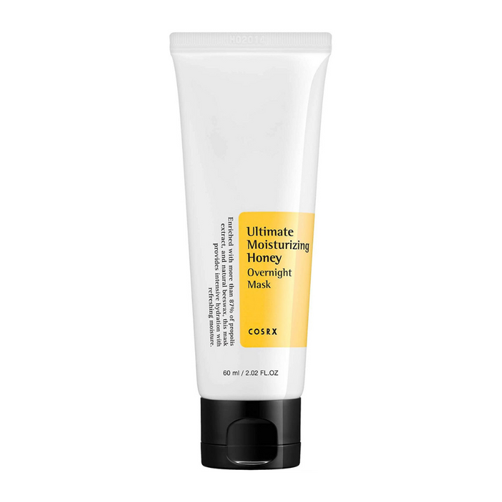 En tub med COSRX Ultimate Moisturizing Honey Overnight Mask 60ml med naturliga ingredienser.